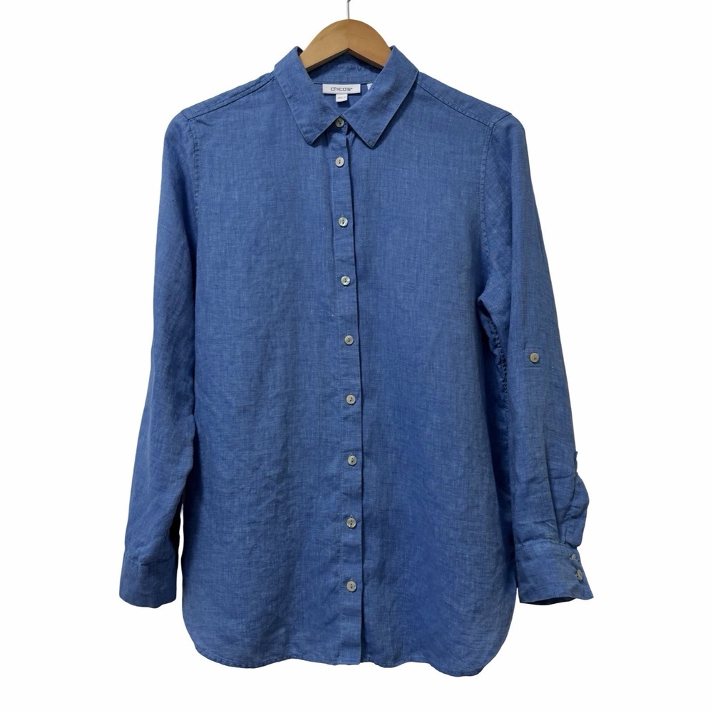 Chicos Womens Linen Long Sleeve Button Up Shirt Size 10 Blue Coastal Lightweight